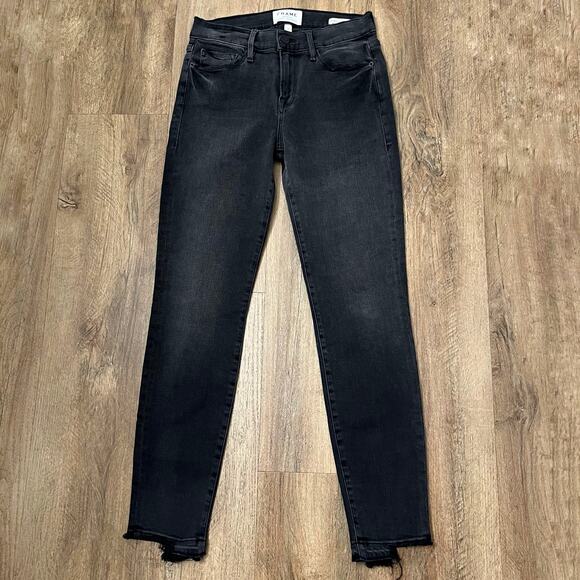 FRAME Women's Black Distressed Le Skinny de Jeanne Cropped Jeans Size 26 - Picture 3 of 9